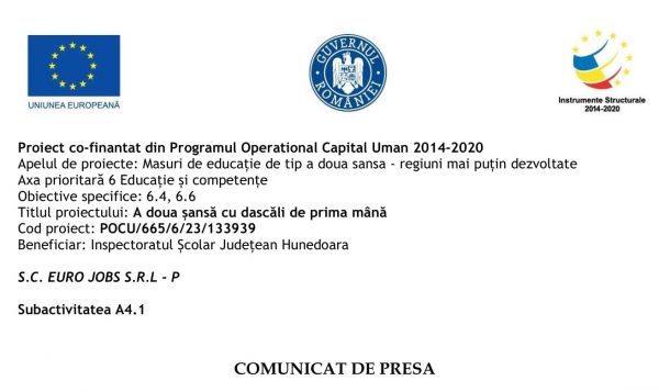Euro Jobs / Comunicat de presă proiect „A doua șansă cu dascăli de prima mână”