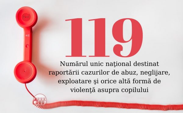 119, număr de telefon gratuit destinat semnalării cazurilor de abuz, exploatare, neglijare a copilului