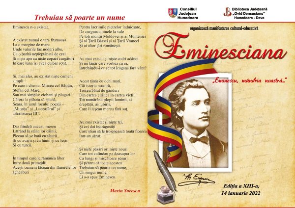 Ziua Culturii Naționale va fi marcată la Biblioteca județeană ”Ovid Densușianu” cu o suită de activități culturale derulate sub genericul ”Eminescu, mândria noastră…”