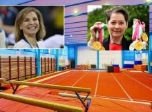 Rocada gimnastelor de aur pe frontispiciul sălii SCM Deva