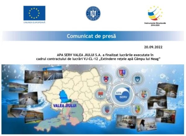 Apa Serv Valea Jiului S.A. a finalizat lucrările executate în cadrul contractului de lucrări VJ-CL-12 „Extindere rețele apă Câmpu lui Neag”