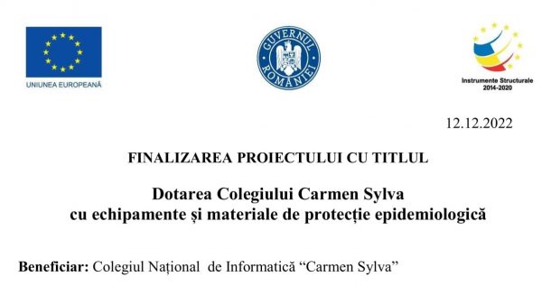 Comunicat de presă privind finalizarea proiectului ”Dotarea Colegiului Carmen Sylva cu echipamente și materiale de protecție epidemiologică”