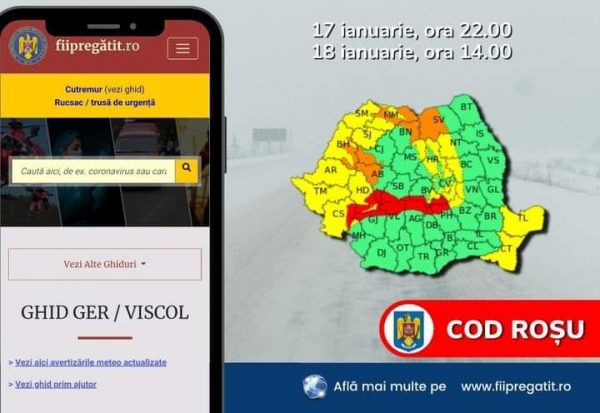 Cod roșu de vreme rea în Valea Jiului și lanțul muntos al Carpaților Meridionali