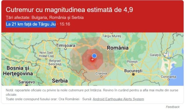 Un nou cutremur s-a produs în România azi la ora 15 și 17 minute