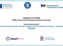 Comunicat de presă / ”PNRR: Fonduri pentru România modernă și reformată”. Anunț lansare proiect ”Infrastructură modernă pentru educație inteligentă la Universitatea din Petroșani – SmartUpet, Cod 335044606”