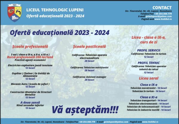 Liceul Tehnologic Lupeni își prezintă oferta educațională pentru anul școlar 2023/2024 și avantajele acesteia pentru elevi
