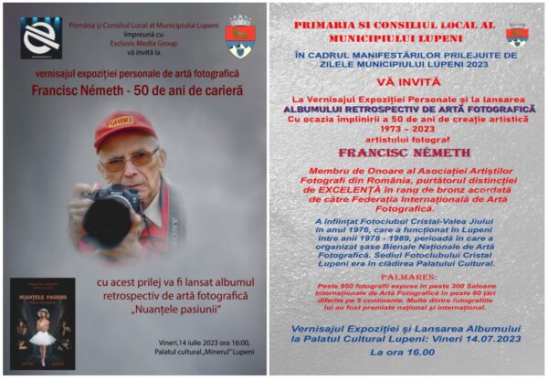 Artistul fotograf Francisc Németh marchează debutul anului aniversar al celor 50 de ani de carieră cu o expoziție de artă fotografică și o lansare de album la Palatul Cultural din Lupeni