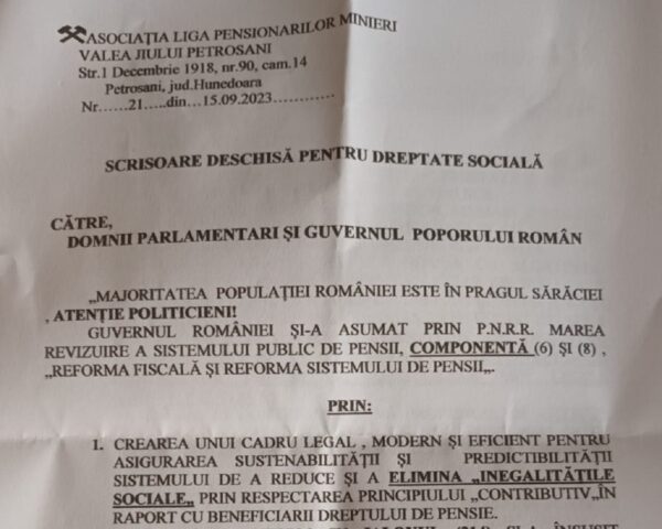 Pensionarii mineri din Valea Jiului transmit clasei politice o scrisoare deschisă pentru dreptate socială