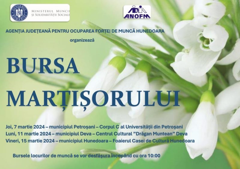 Primăvară cu job-uri, la Bursa locurilor de muncă ”Bursa Mărțișorului” în județul Hunedoara