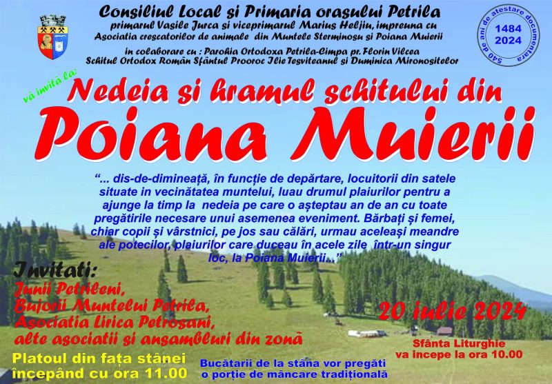 Sâmbătă, 20 iulie 2024 momârlanii își dau întâlnire la Nedeia și Hramul Schitului Sfântul Ilie din Poiana Muierii