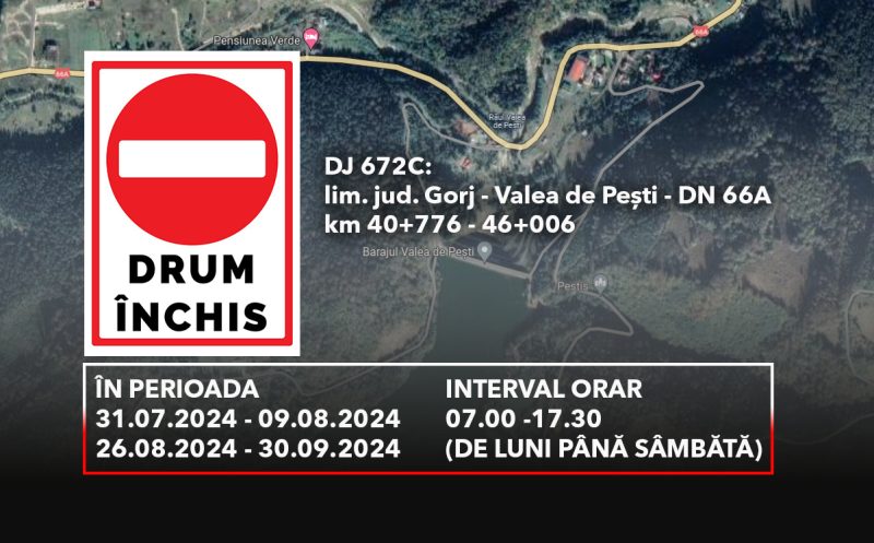 Restricții de circulație pe DJ 672C Valea de Pești – limita jud. Gorj