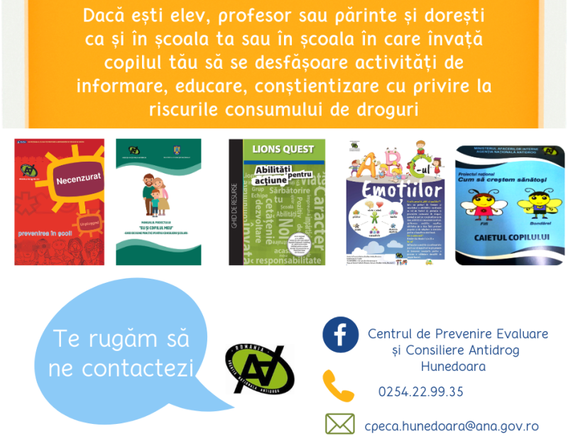 Noi campanii de prevenire a consumului de droguri derulate de CPECA Hunedoara
