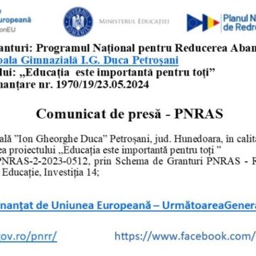 Școala gimnazială „I.G. Duca” Petroșani / Comunicat de presă proiect PNRAS