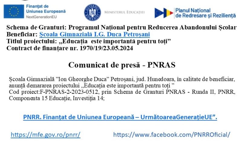 Școala gimnazială „I.G. Duca” Petroșani / Comunicat de presă proiect PNRAS