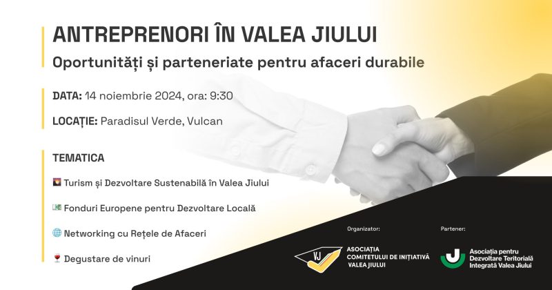 ”Oportunități și parteneriate pentru afaceri durabile” un nou eveniment dedicat mediului de afaceri din Valea Jiului