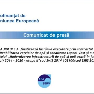 Apa Serv Valea Jiului / Comunicat de presă receptie la teminarea lucrarilor Lot 1: VJ-CL-08 „Reabilitarea reţelelor de apă și canalizare Lupeni Vest și a aducțiunii Braia” din cadrul proiectului „Modernizarea infrastructurii de apă și apă uzată în județul Hunedoara (Valea Jiului) 2014 – 2020 – etapa II”, cod SMIS 2014 108100/cod SMIS 2021 319213