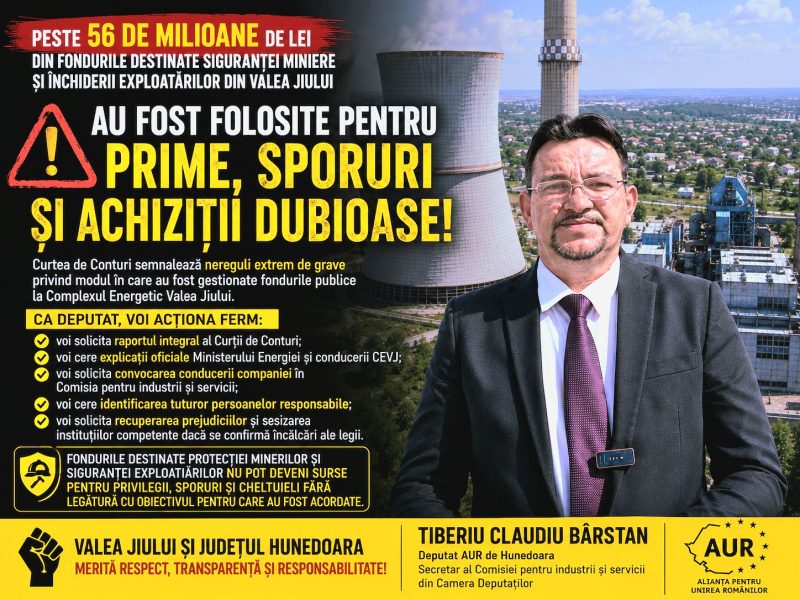 Deputatul hunedorean Tiberiu Bârstan (AUR) cere explicații privind concluziile raportului Curții de Conturi referitoare la activitatea CEVJ