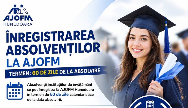 AJOFM Hunedoara îi invită pe absolvenții promoției 2026 să se înregistreze în evidența instituției pentru a beneficia de servicii și măsuri gratuite de ocupare